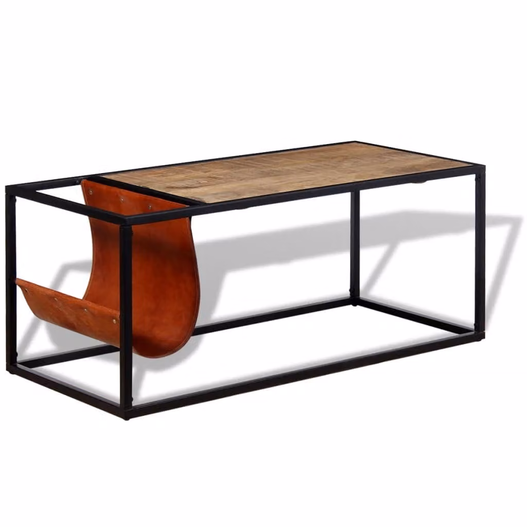 Tavolino da Salotto in Vera Pelle con Portariviste 110x50x45 cm