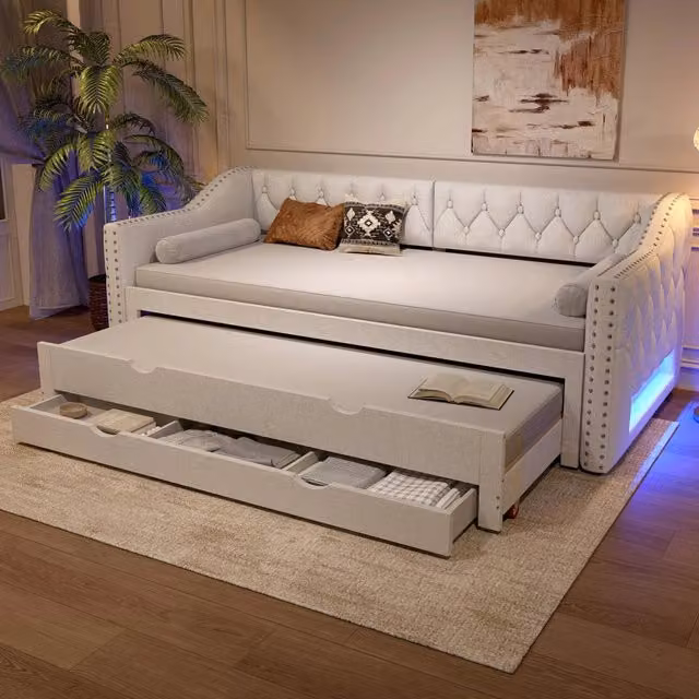 Letto da giorno imbottito 90 x 200 cm con luce LED, letto estraibile e tre cassetti - Beige