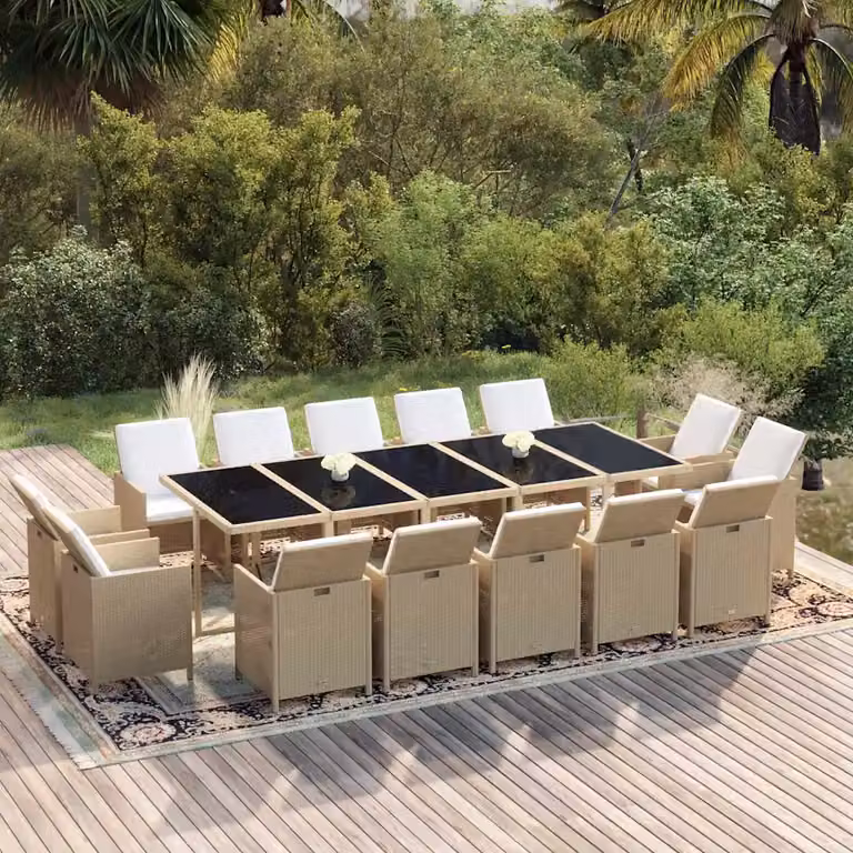 Set da pranzo da giardino vidaXL in polyrattan beige e bianco con 15 pezzi e cuscini