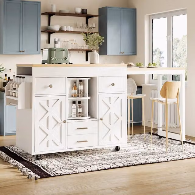 Carrello da cucina con piano estraibile, MDF bianco, 110-180 x 40 x 91 cm, 4 cassetti e ruote
