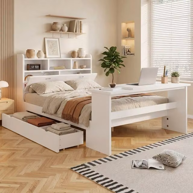 Letto Mivray moderno con cassetti e testiera portaoggetti con tavolo pieghevole regolabile, colore bianco, L/P/H: 200 x 140 x 147,5 cm