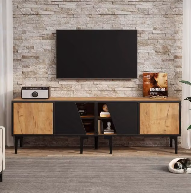 Mobile TV 160x36.5x45 cm con 4 scomparti e 7 piedini in truciolato naturale e nero