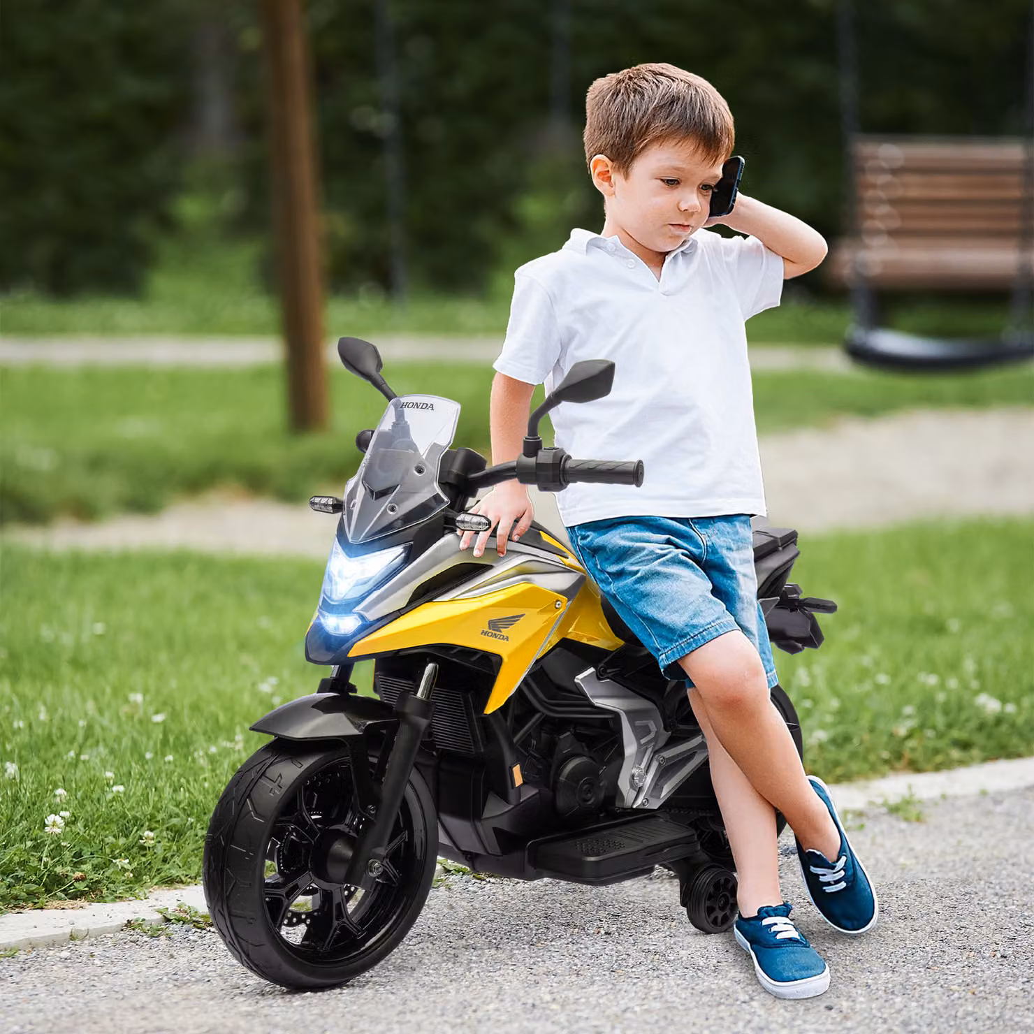 Moto Elettrica per Bambini AIYAPLAY Licenza Honda 12V con Doppi Motori e Luci e Suoni, Giallo – 2