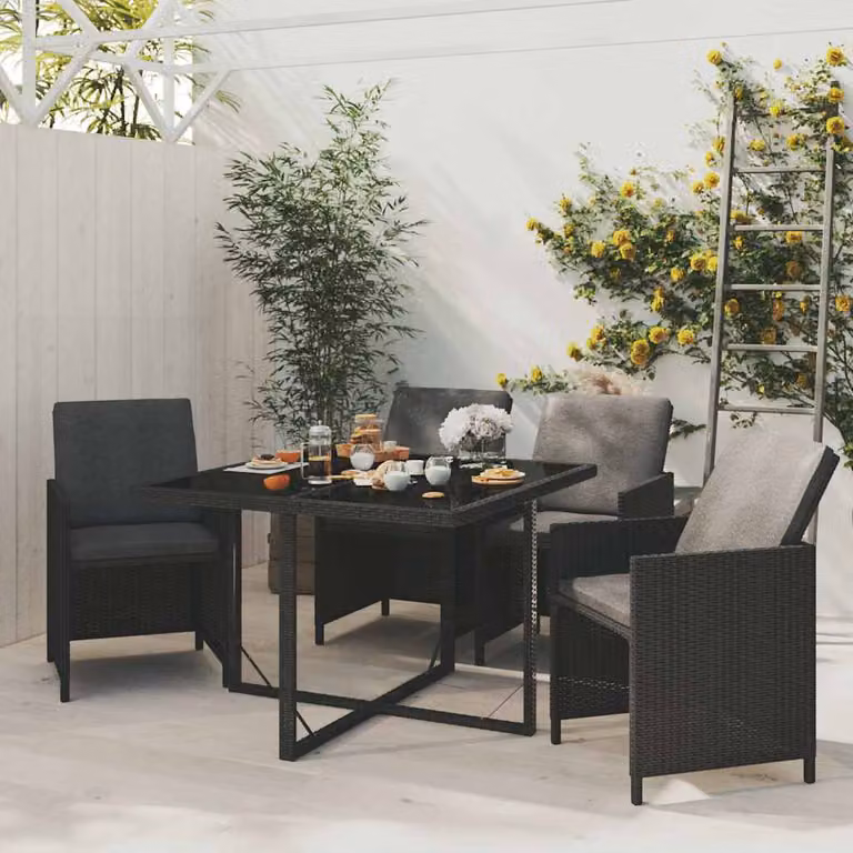 Set da pranzo da giardino vidaXL in polyrattan nero con cuscini e tavolo in vetro per 5 persone