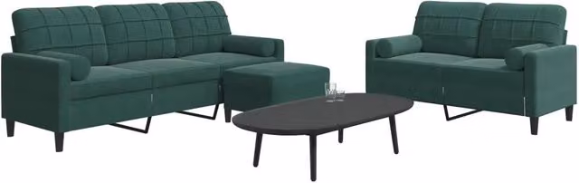 Set di divani 3 pezzi vidaXL in velluto verde con pouf e cuscini, design moderno con struttura in metallo per il tuo soggiorno – 2
