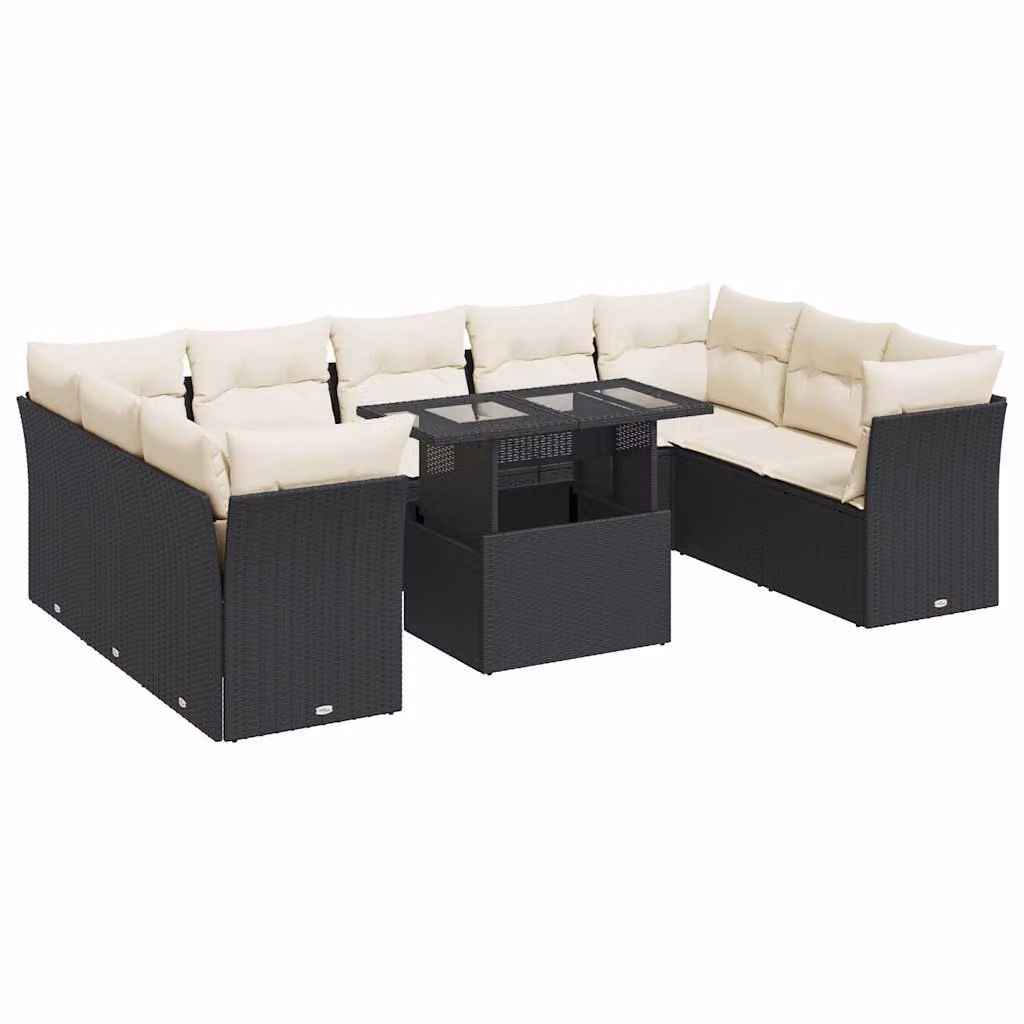 Set Divani da Giardino 10pz con Cuscini in Polyrattan Nero