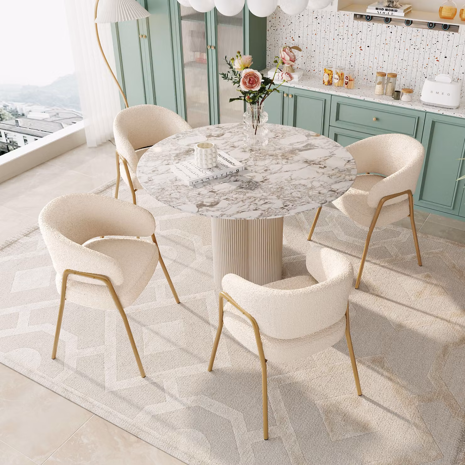 Sedia da pranzo MODFU, confezione da 4 pezzi, sedia imbottita, sedia per la cucina, sedia per il soggiorno, gambe dorate, colore bianco