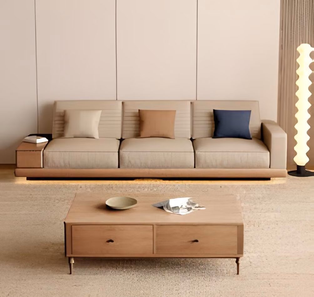 Divano beige a 3 posti, moderno, con tavolino in legno, set da salotto 2 pezzi