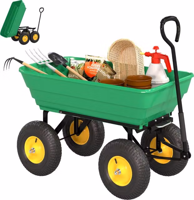 Carrello da giardino Outsunny in acciaio e PP con vasca ribaltabile e maniglia, Verde, L: 109 cm, P: 52 cm, H: 94 cm