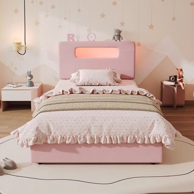 Letto per bambini 90x200 cm in velluto rosa con 4 cassetti; testiera con vano aperto e LED controllato da app
