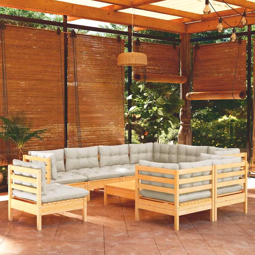 vidaXL Set di Divani da Giardino a Forma di U in Legno di Pino Trattato con Cuscini Beige 10 Pezzi