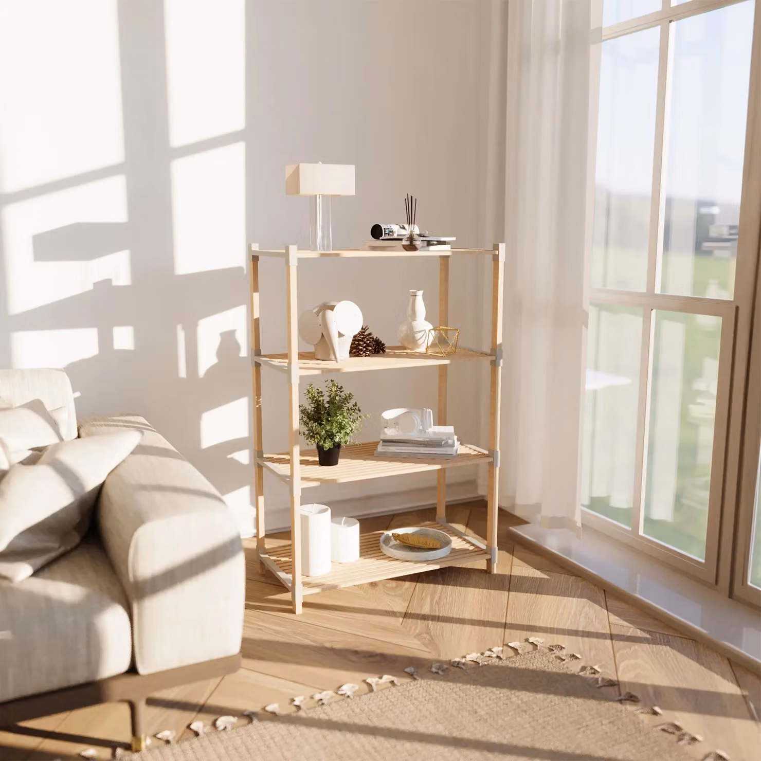 Scaffale Multiuso FixWood VESTIAMO CASA in legno di pino beige con 4 ripiani, H 117 cm x L 66 cm x P 32 cm – 2
