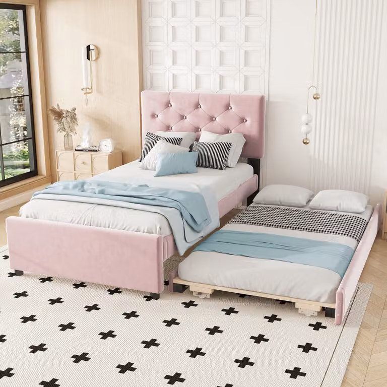Letto imbottito STILVORA, 90x200, letto per ragazzi completo di rete a doghe e con letto supplementare a castello estraibile (90x190), adatto anche come letto per bambini e come letto per ospiti. Senza materasso. Colore: rosa