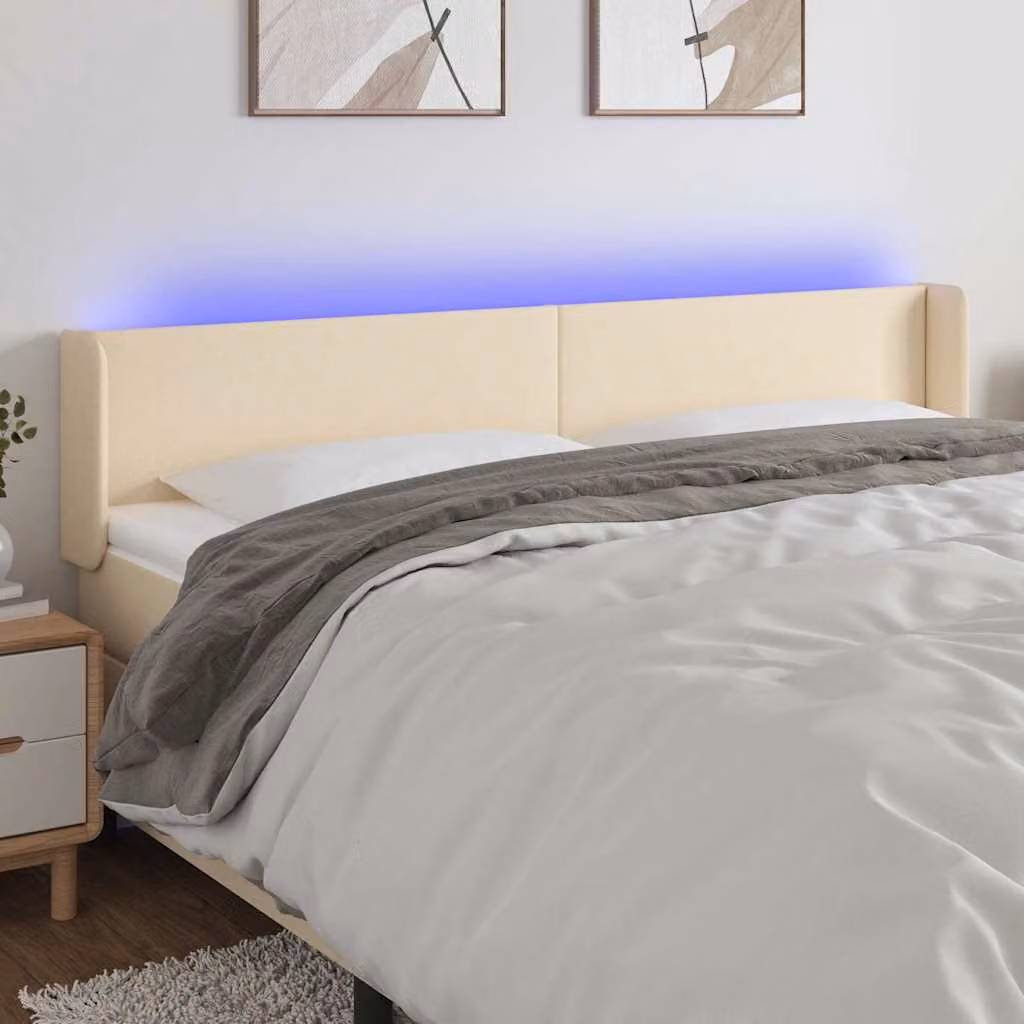 Testiera per letto vidaXL in tessuto beige con illuminazione LED e porta di ricarica USB, L 203 cm x P 16 cm x H 78/88 cm