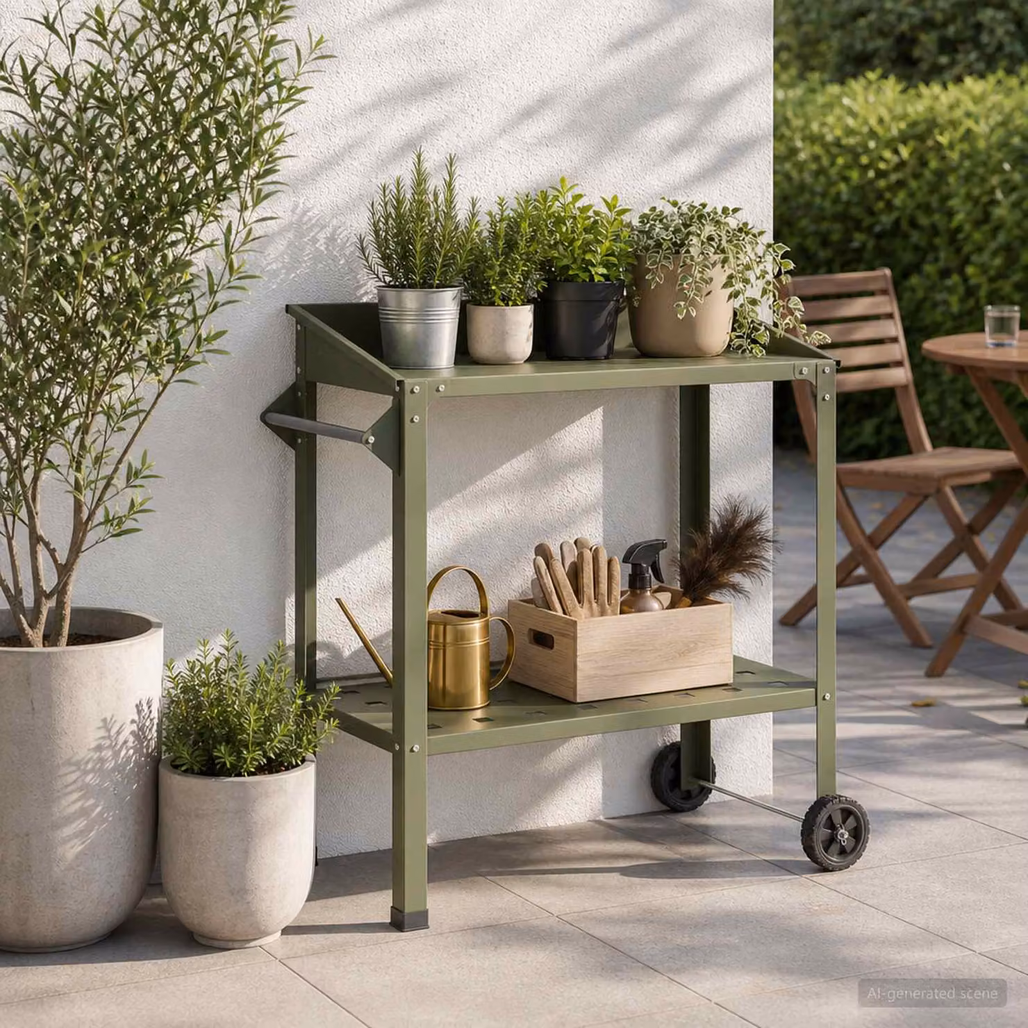 vidaXL Tavolo da vaso moderno in metallo verde con ruote L 96 cm, P 50 cm, H 89 cm