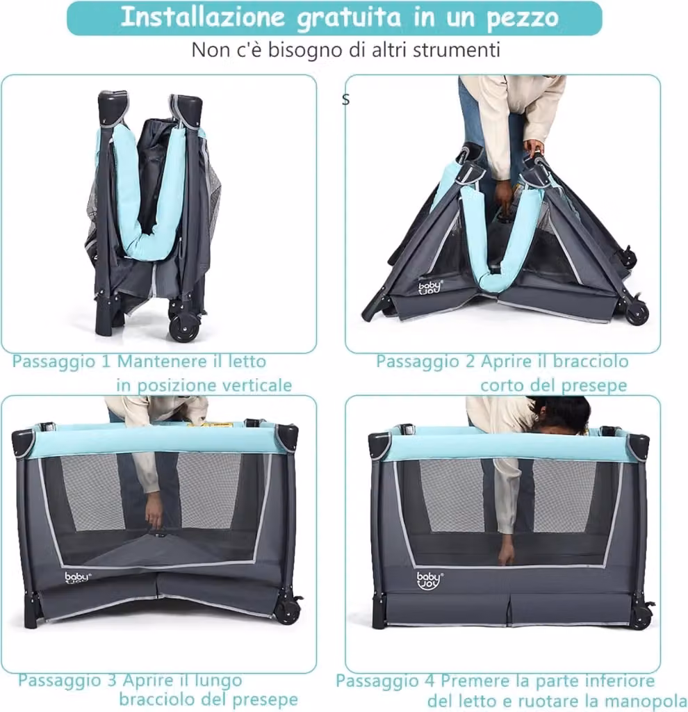 Lettino Neonato da Viaggio 4 in 1 Costway Pieghevole con Materasso, Fasciatoio e Giocattolo, Grigio-Azzurro – 2