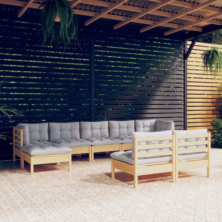 The Living Store Set da 9 pezzi per salotto da giardino con cuscini grigi in legno di pino