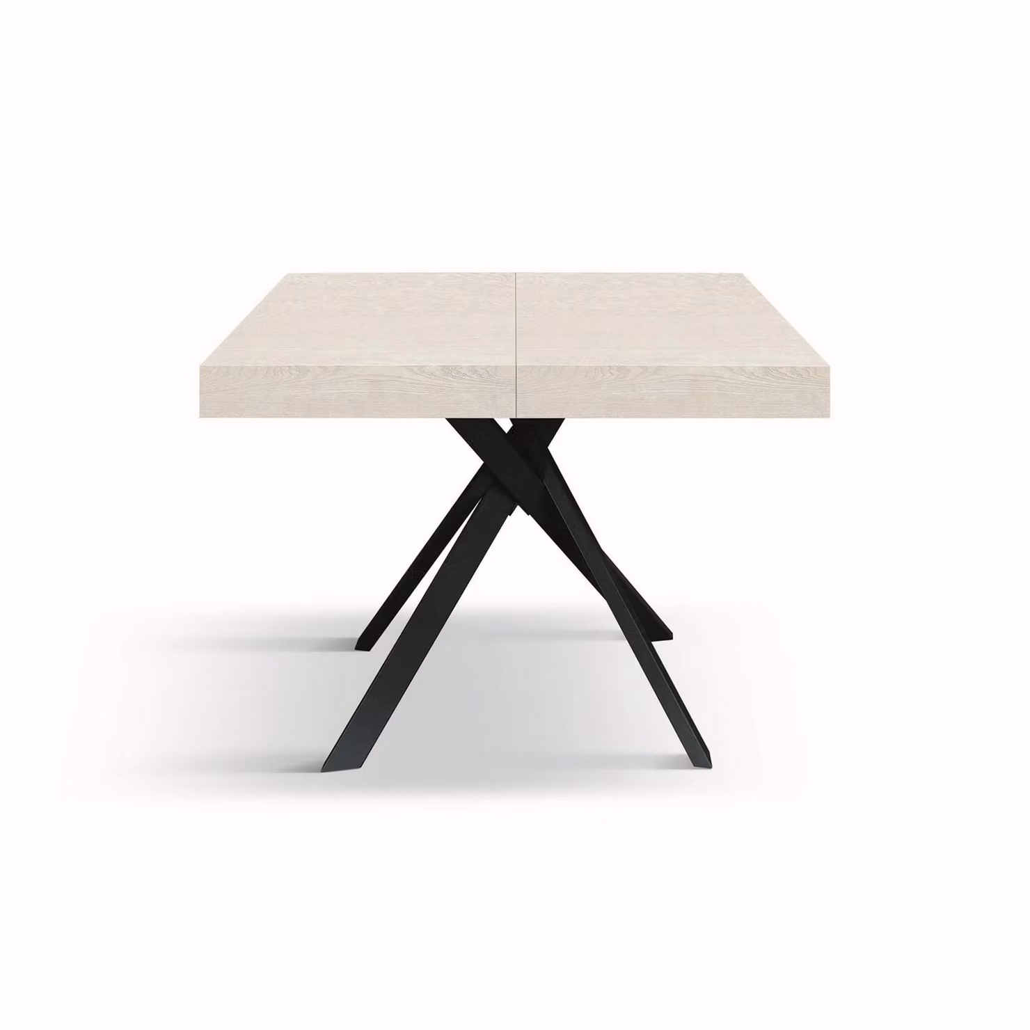 Tavolo FORTE DEI MARMI in legno, finitura bianco frassinato e gambe incrociate in metallo antracite, allungabile 95×90 cm – 145 x 90 cm