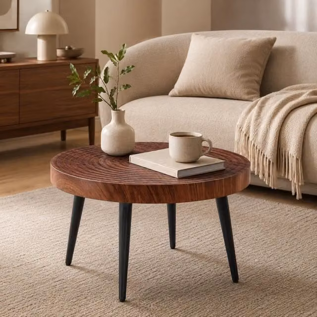 Tavolino rotondo 60 cm effetto noce con gambe nere