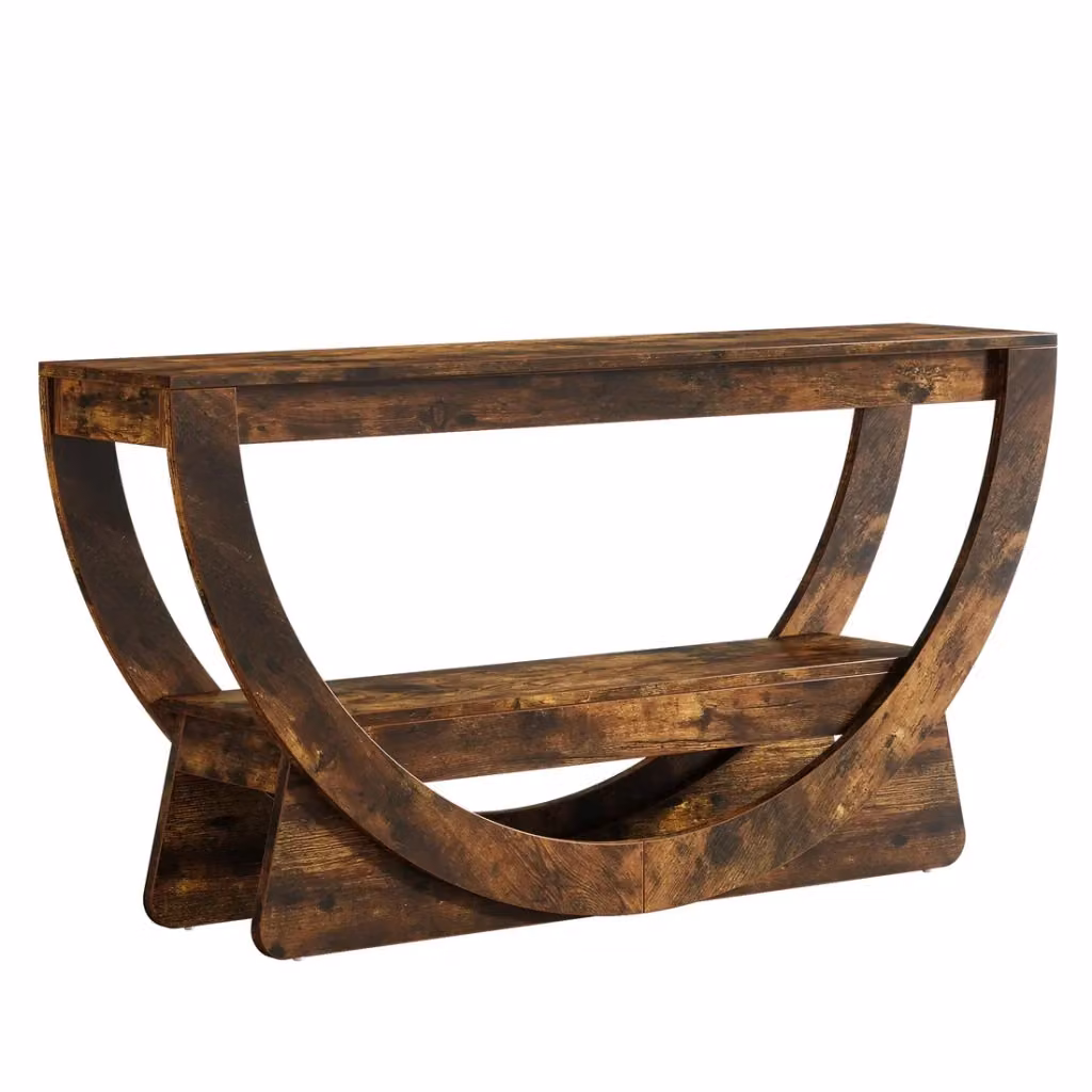 Mobile TV per soggiorno in MDF con 2 ripiani aperti e schienale ad arco per cavi, marrone rustico, L: 160 cm, P: 30 cm, H: 80.5 cm – 2