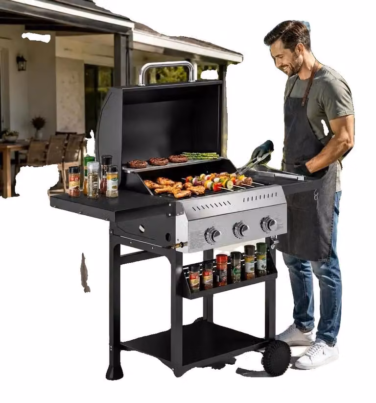 Griglia per barbecue da esterno, carrello in acciaio inossidabile, tre bruciatori, modello T0002 01 19175