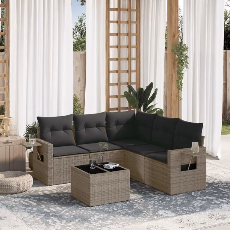vidaXL Set Divano da Giardino 6 pz a Forma di L in Polyrattan Grigio con Cuscini e Tavolino