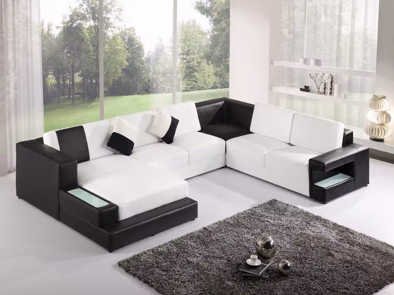 Divano angolare moderno, rivestito in pelle, design elegante, set di divani, soluzione d'arredo per il soggiorno, modello PHM11