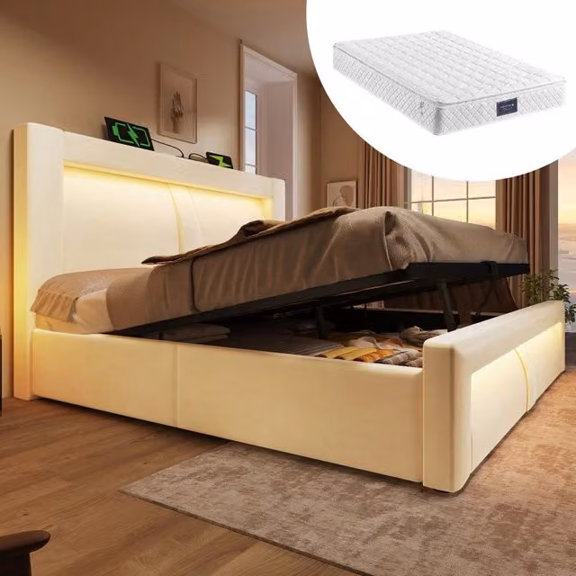 Letto Contenitore Matrimoniale con LED e Materasso ¨C MINIMAL ¨C Velluto Beige 140x200
