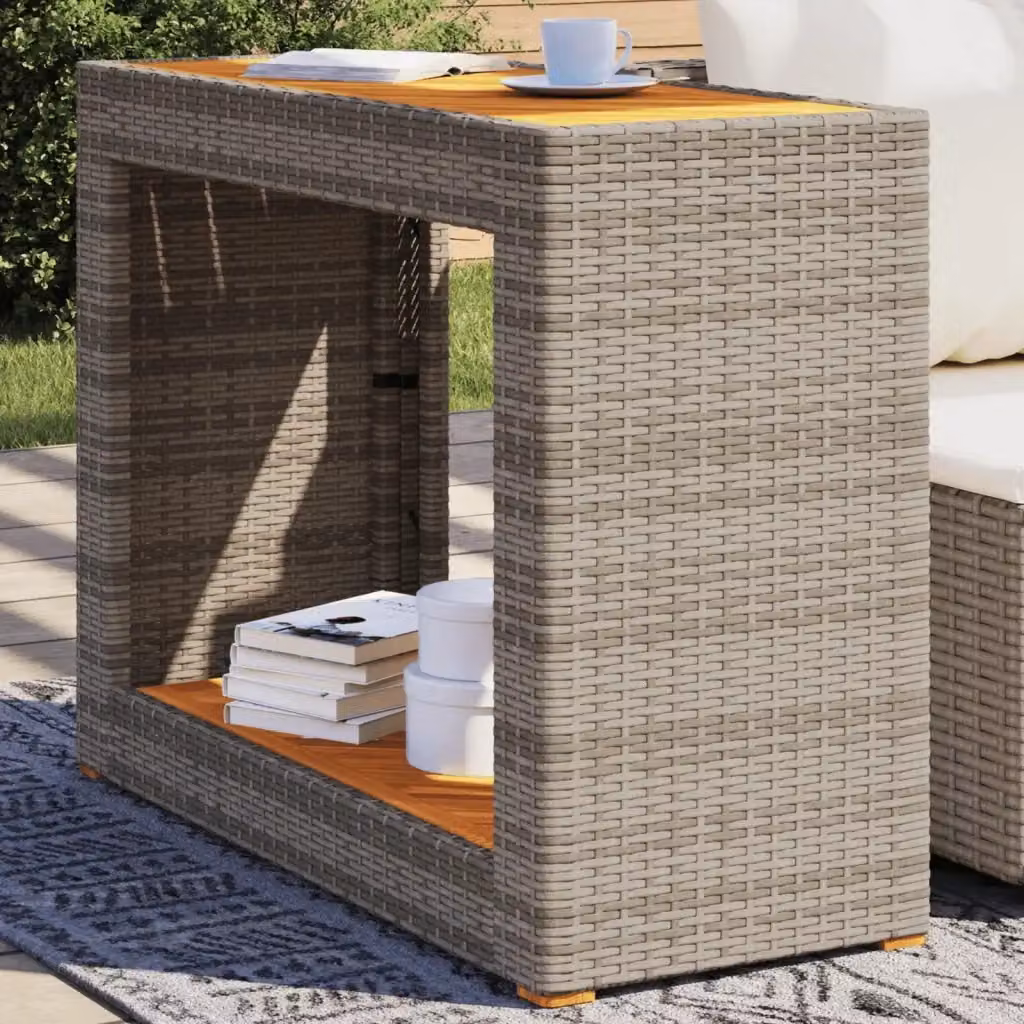 Tavolino da giardino rettangolare in polyrattan e legno di acacia oliato, colore grigio e marrone, L 100 cm x P 40 cm x H 75 cm – 2