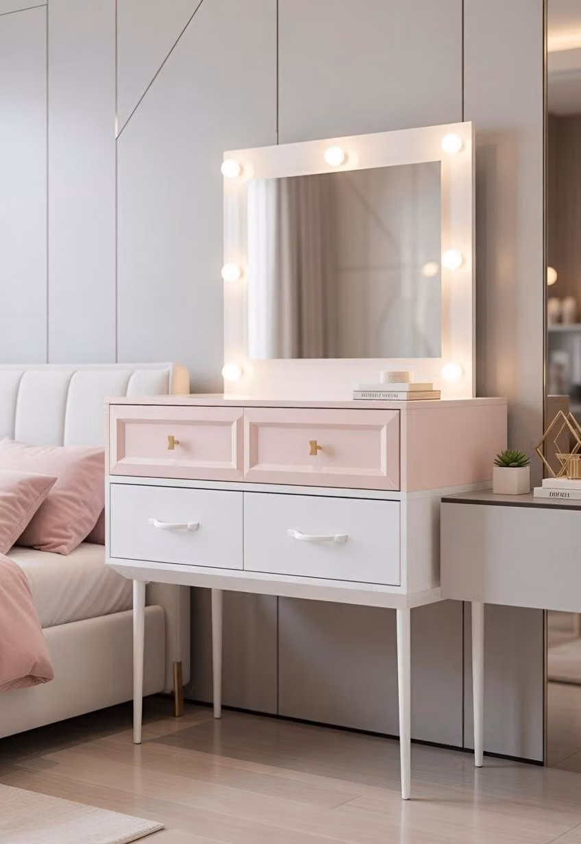 Comò da trucco con specchio e luci LED, ideale per una camera da letto elegante