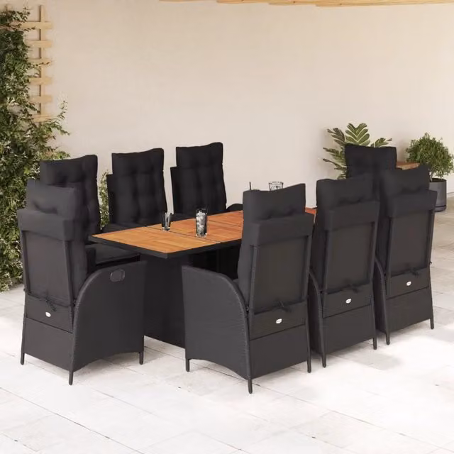 Set da pranzo da giardino vidaXL in legno di acacia e polyrattan nero con 9 pezzi