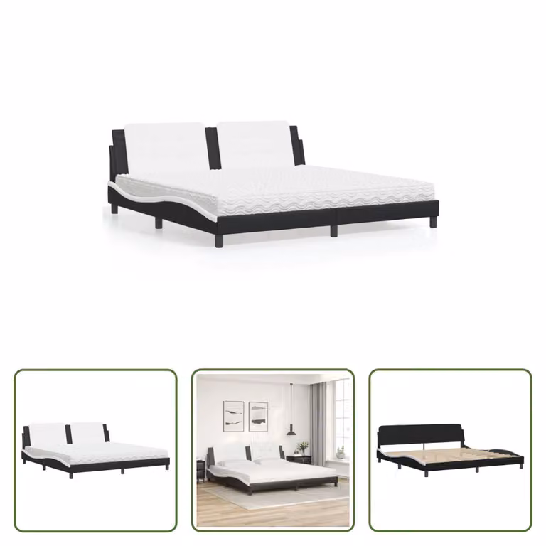 The Living Store Letto con materasso bianco e nero 200x200 cm in ecopelle