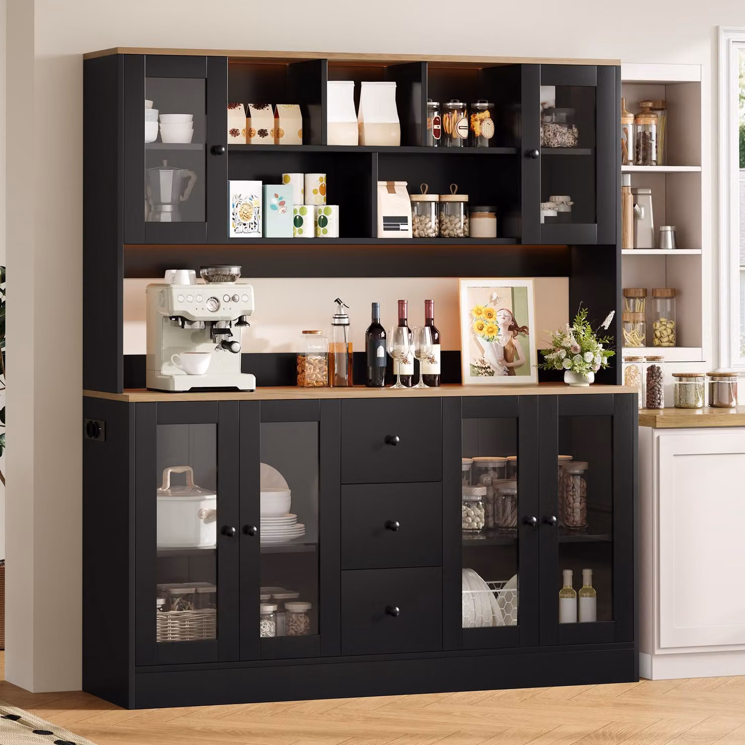 Abrihome, mobiletto multifunzionale per la cucina, 150 x 40 x 173 cm – mobiletto alto con illuminazione a LED, prese di corrente, 6 ante in acrilico e 3 cassetti, colore nero