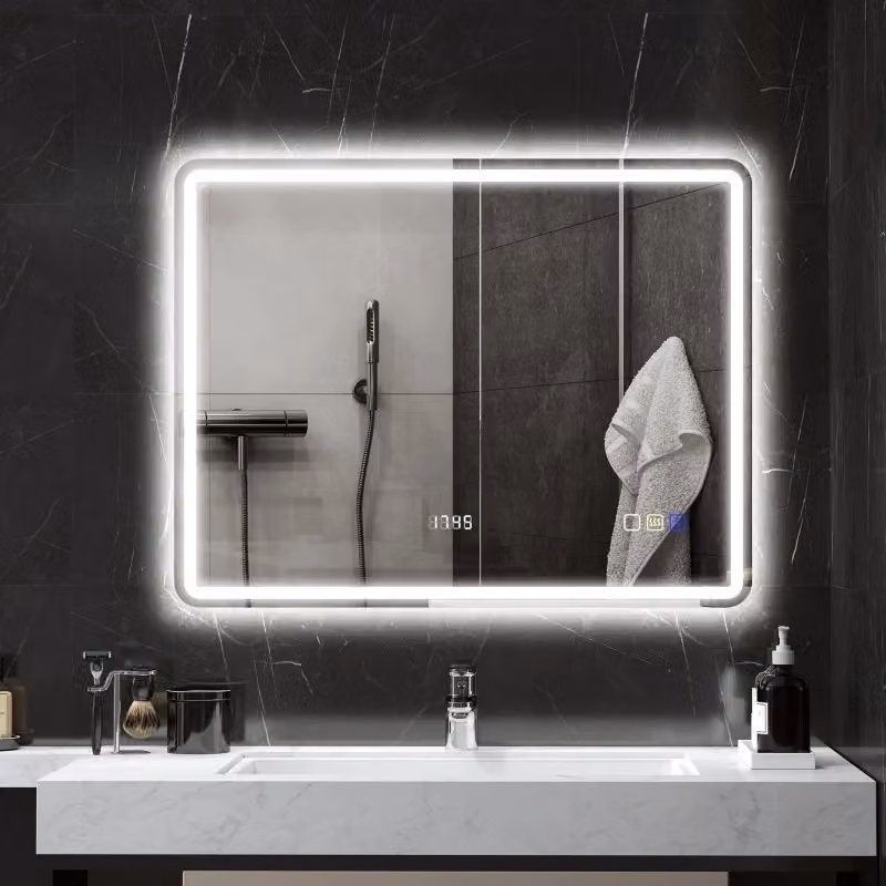 Specchio da bagno WISHDOR con LED, Bluetooth, orologio e funzione antiappannamento, L: 70 cm, H: 90 cm, argento – 2
