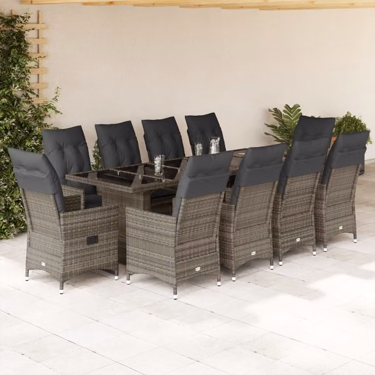 Set Bistrò da Giardino e Balcone vidaXL 11 pz in Polyrattan Grigio con Cuscini e Piano in Vetro