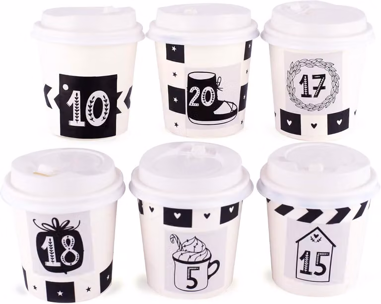 Calendario dell'Avvento da riempire, con bicchieri neri e bianchi, 24 scatoline regalo, ideale per Natale