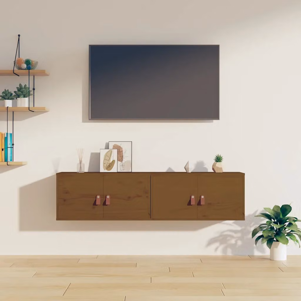 Set di 2 pensili vidaXL in legno massello di pino color marrone ambra, modello rustico da appendere al muro, L 60 x P 30 x H 30 cm