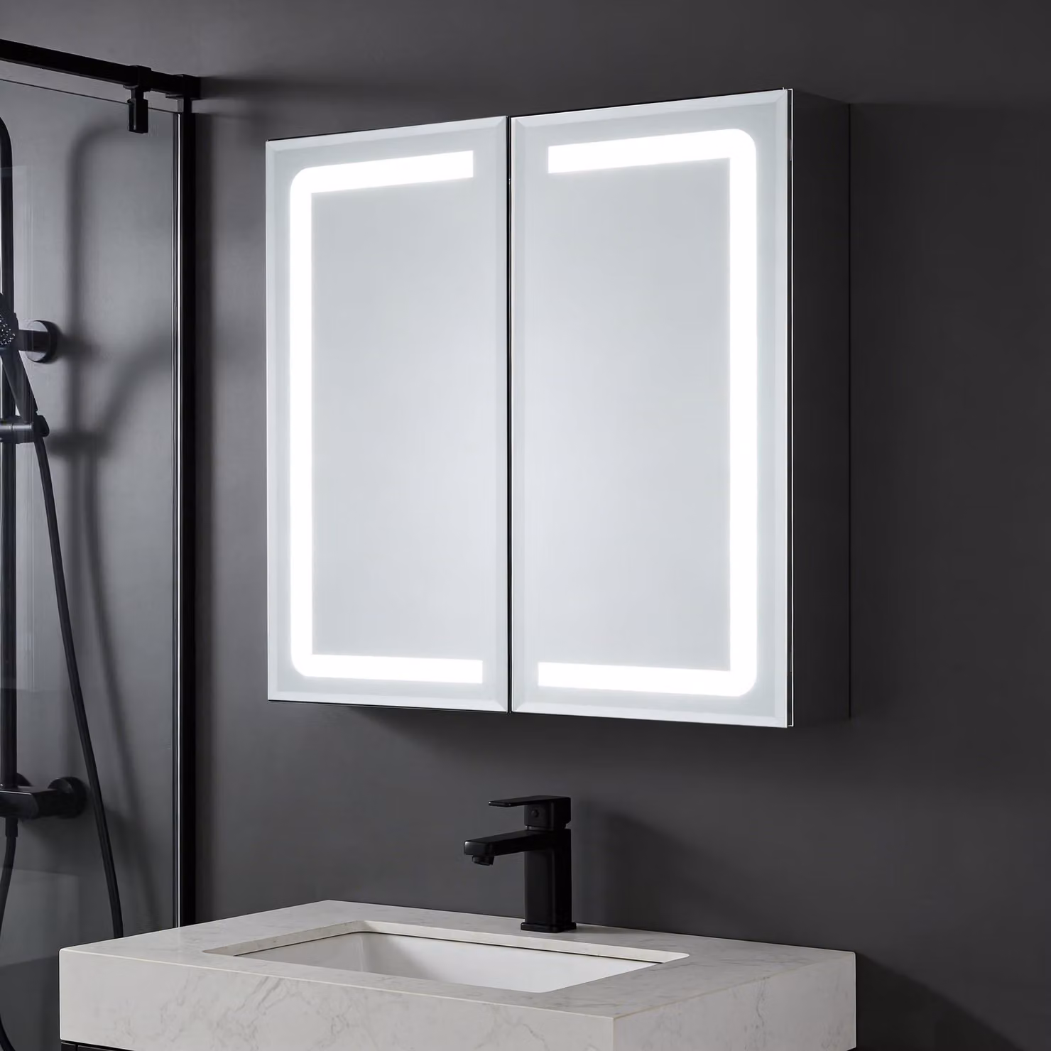 Mobiletti specchio da bagno con illuminazione LED, dimensioni 65x65x13 cm, 3 temperature di colore, funzione antiappannamento, doppia porta