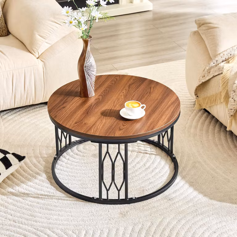 Tavolino da caffè rotondo, piano effetto legno, struttura in metallo, design geometrico, stabile (noce)