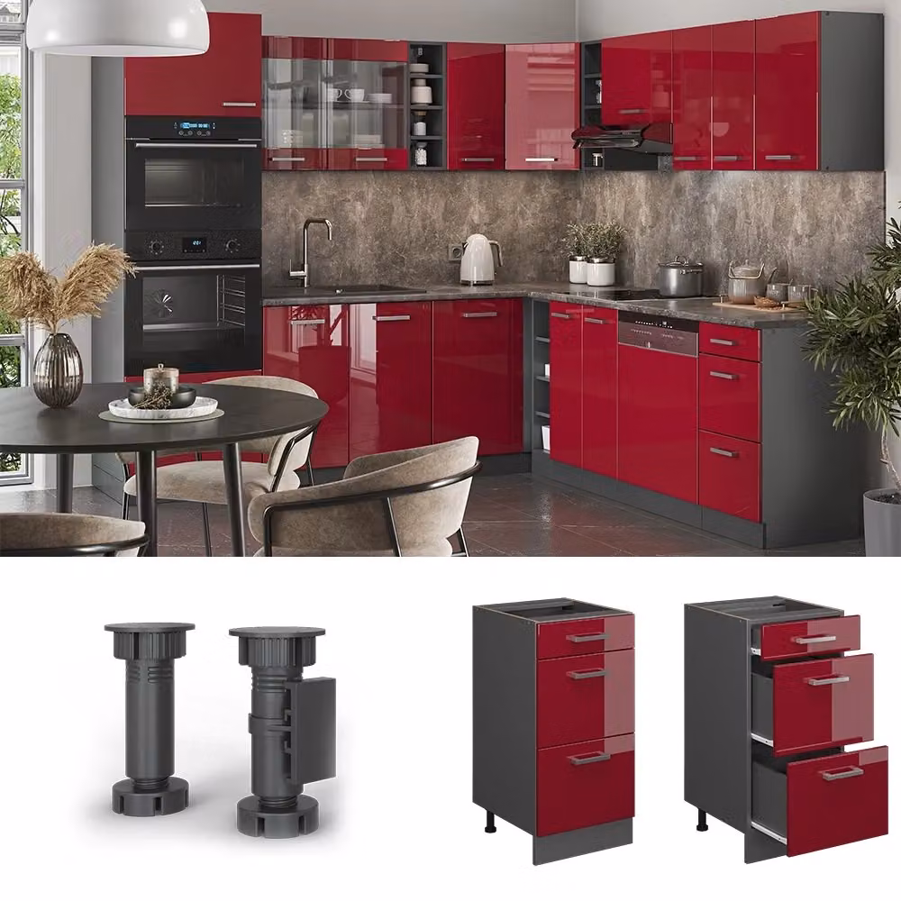 Mobiletto base per cucina Vicco R-Line Rosso lucido e Antracite con cassetti, senza piano di lavoro, L: 40 cm – 2