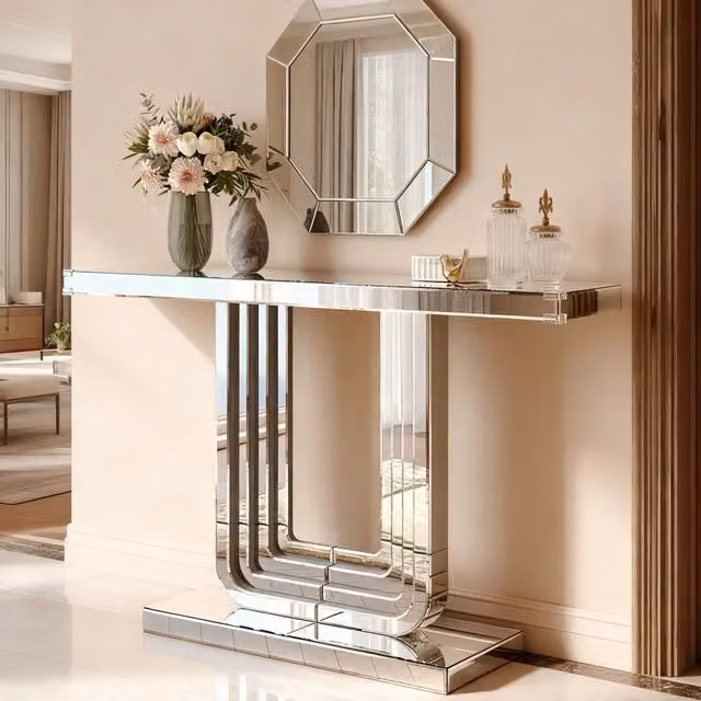Tavolo consolle a specchio 135.0x40.0x31.5 cm con base a U; vetro e MDF argento