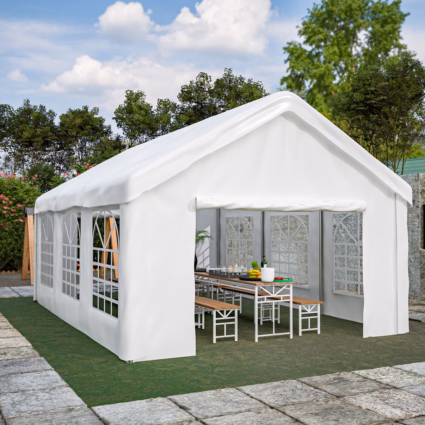 Tenda per feste 4x6 m, tendone da festa, gazebo da giardino con finestre, tendone da birreria bianco, impermeabile, protezione UV, tendone da festa in telone PE