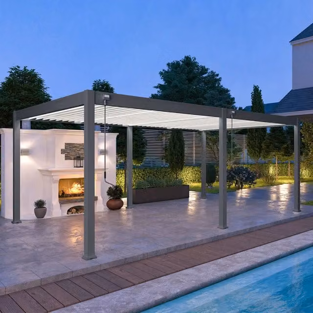 Pergola bioclimatica autoportante Ombrea VS bicolore con 2 tende bianche L: 6 m, P: 4 m