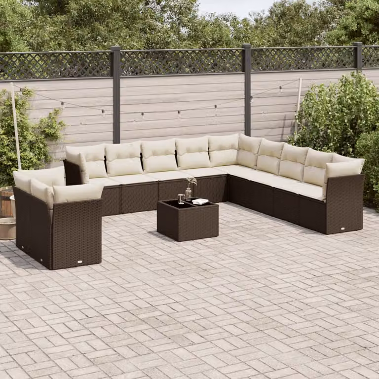 Set di divani da giardino vidaXL a forma di L in polyrattan marrone con cuscini bianchi e tavolino da caffè