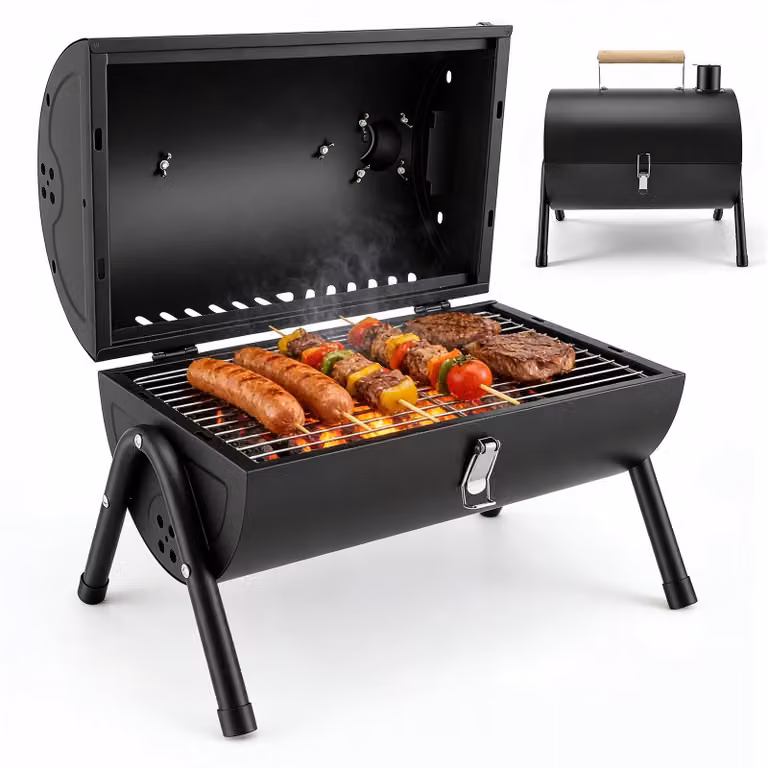 Griglia portatile per barbecue da campeggio - Griglia a carbone a forma di barilotto, ideale per affumicare - In ghisa - Facile da montare - Perfetta per giardino, spiaggia, campeggio, feste - Colore nero