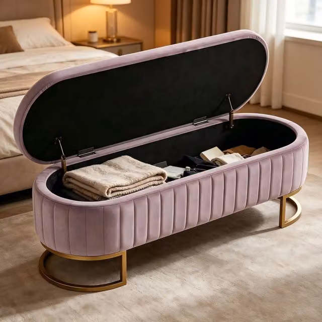 Panca da letto con contenitore OKWISH in velluto rosa e gambe in metallo dorato, L: 130 cm – 1