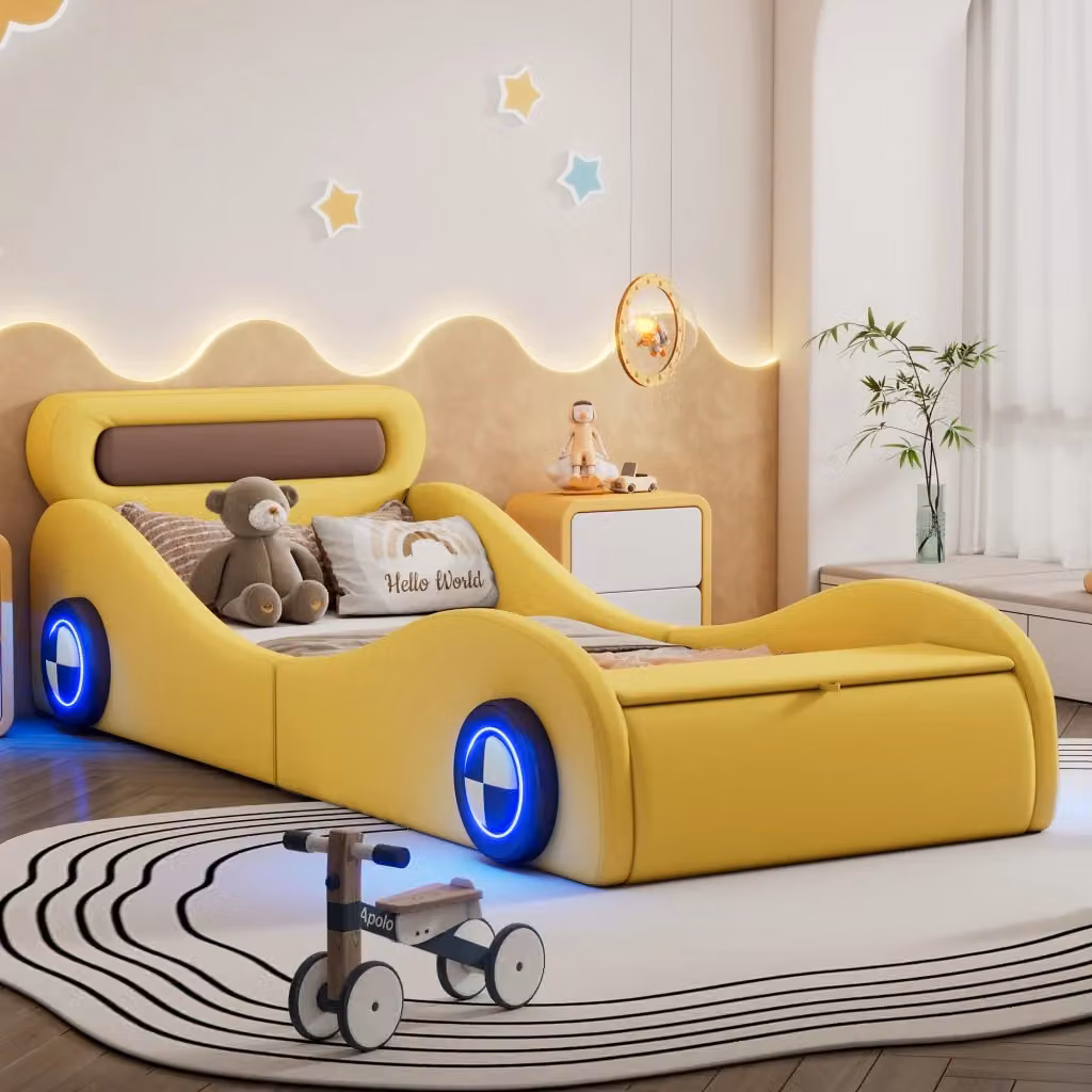 Letto Singolo per Bambini Chicfurn con Luci Sotto il Letto e Compartimenti Laterali, Giallo, L/P/H: 200 x 90 x 82 cm – 2