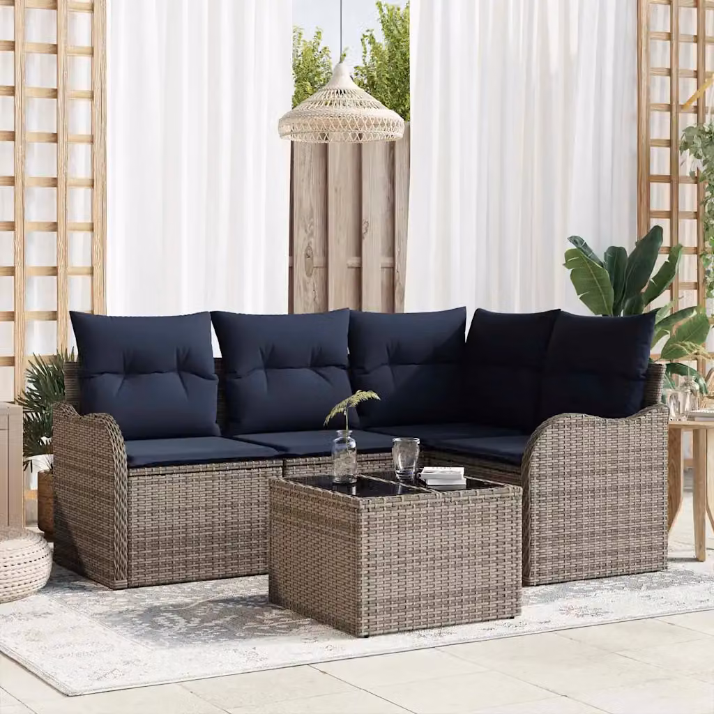Set Divano da Giardino a L con Tavolino vidaXL Grigio in Polyrattan e Metallo con Cuscini Imbottiti