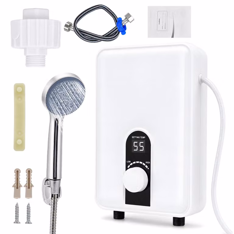 Scaldabagno istantaneo da 5500 W, digitale, grado di protezione IPX4, spessore di 6 cm, temperatura regolabile da 30 a 55 °C, in acciaio inossidabile