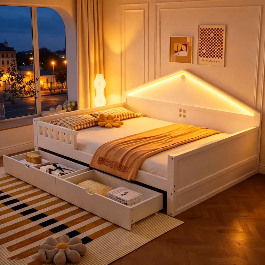 Letto Mivray moderno in legno e MDF bianco con due cassetti e illuminazione LED controllabile tramite smartphone L/P: 140 x 200 cm – 2